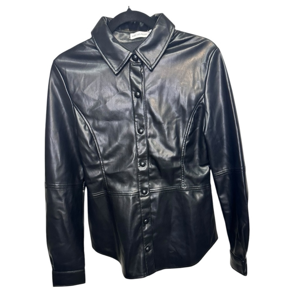 Avec Les Filles NWT Edgy Luxe Chic Street Style  Black Faux Leather Shirt, sz M